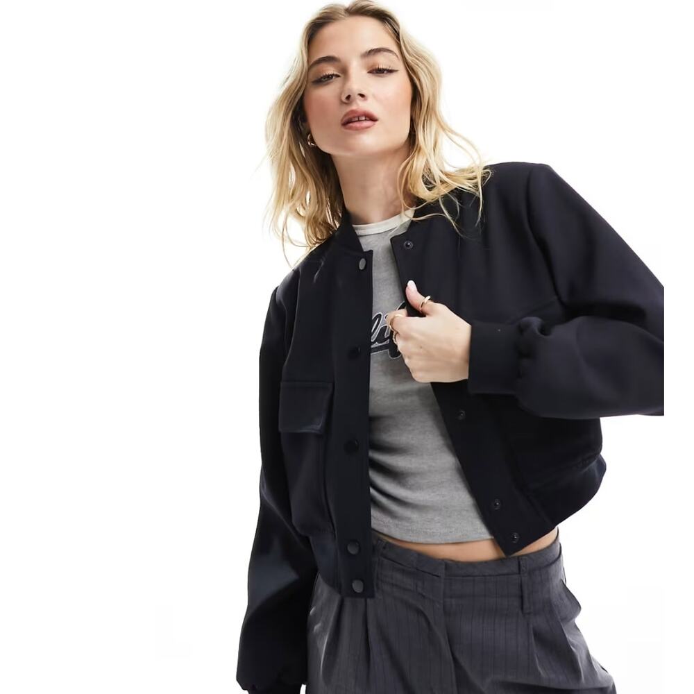 Zara Shoulder Pad Cropped Bomber Jacket Size L Navy Blue Top Gun Military Trendy